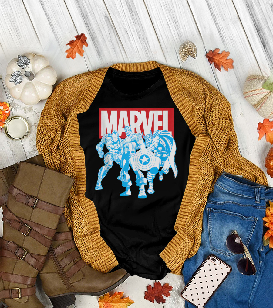 Marvel Avengers Red Brick Blue Outline Sketch Captain America Iron Man Thor T-Shirt