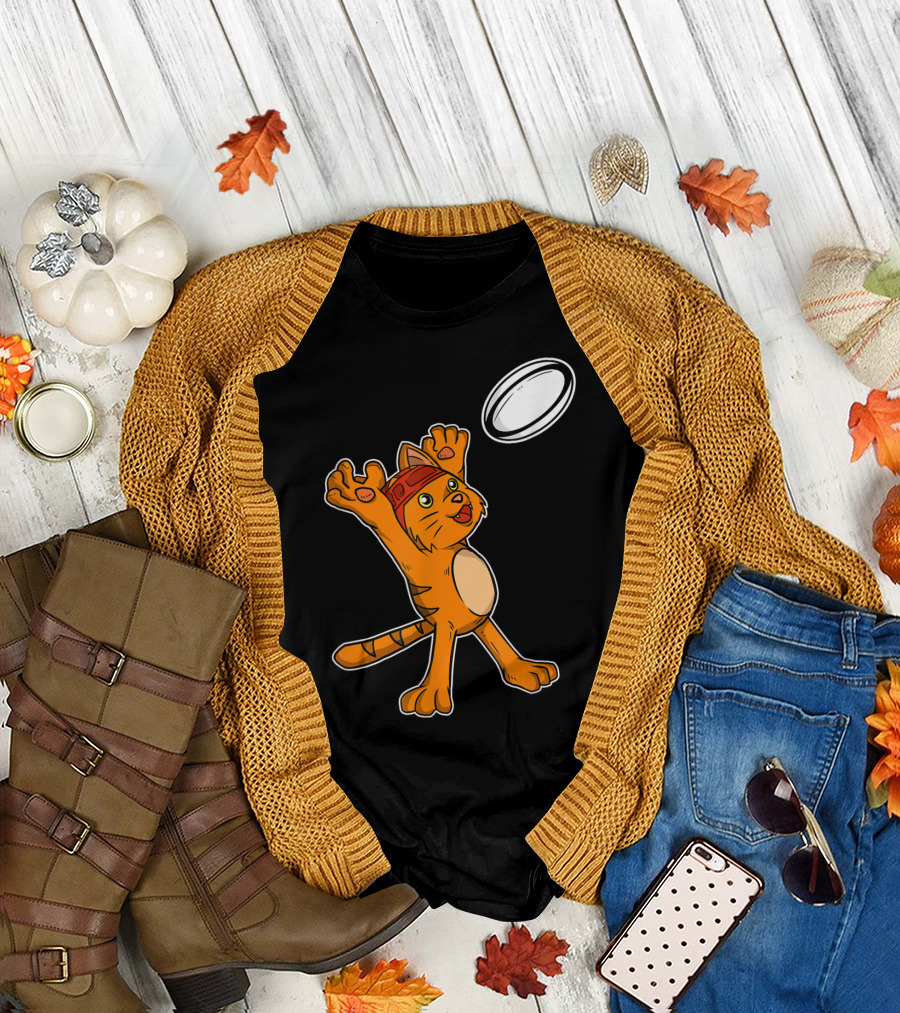 Funny Cat Playing Rugby Catching Ball T-Shirt
