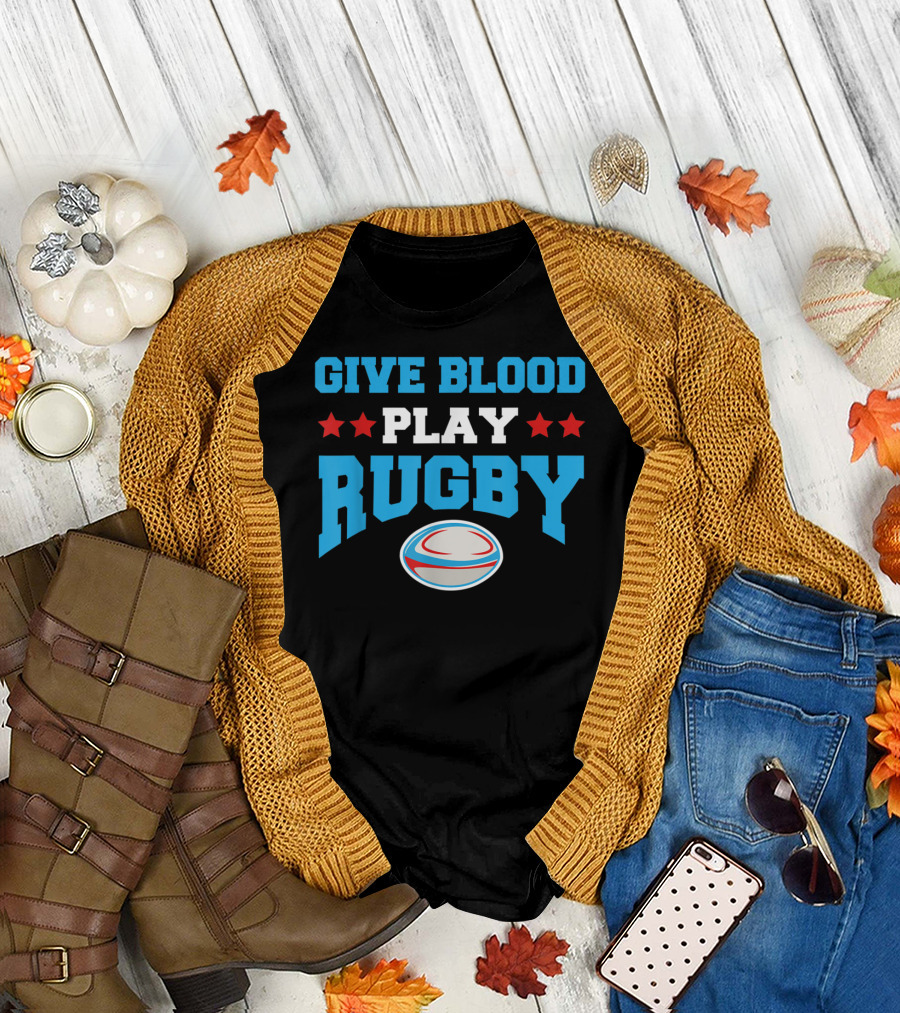 Give Blood Play Rugby Funny Rugby Player Humor Stars Oval Ball T-Shirt