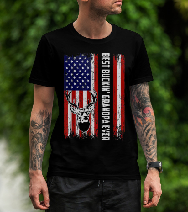 Best Buckin' Grandpa Ever American Flag Deer Hunting Bucking T-Shirt