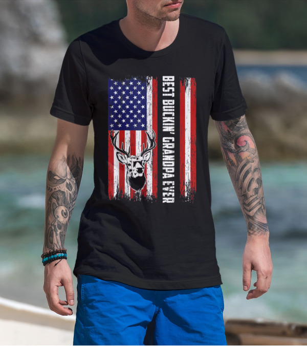 Best Buckin' Grandpa Ever American Flag Deer Hunting Bucking T-Shirt