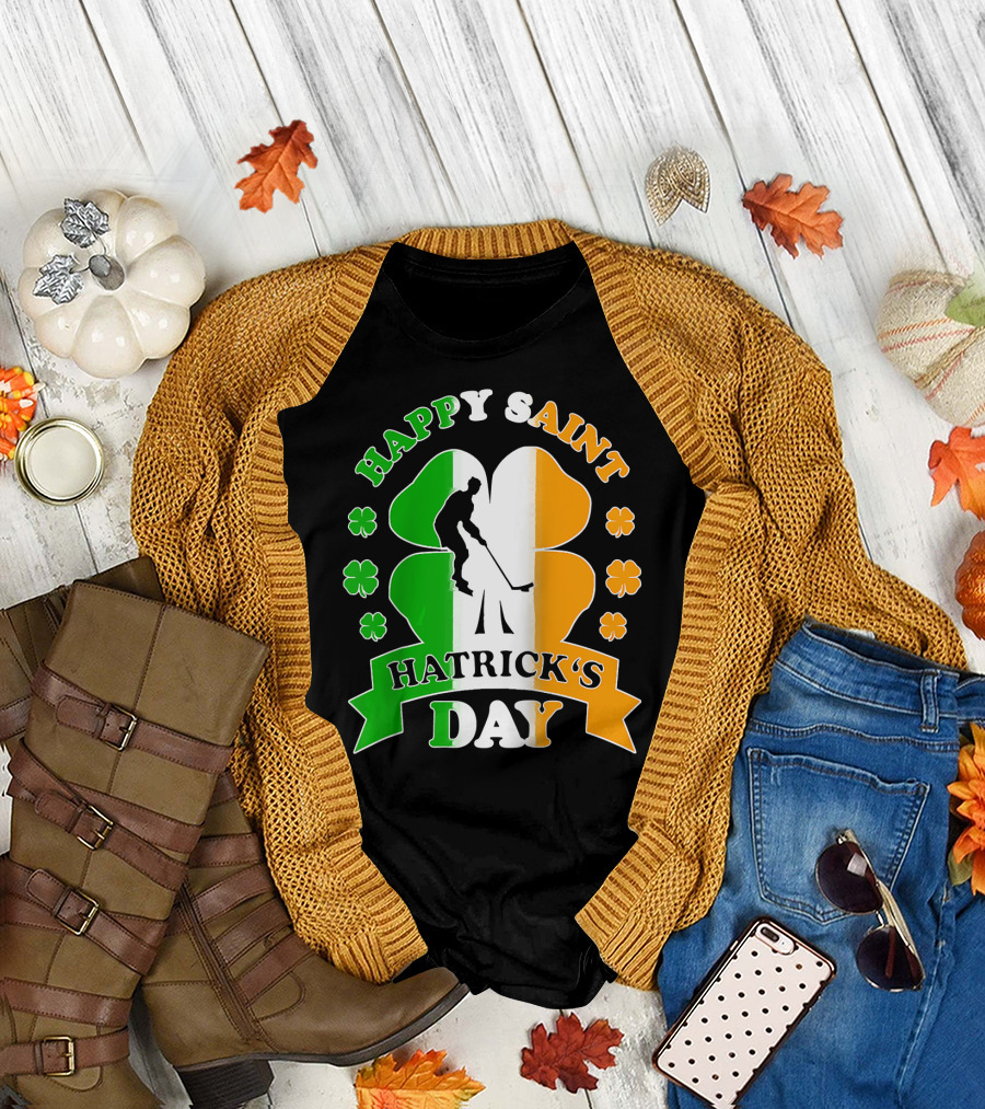 Happy Saint Hatrick's Day Irish Hockey Player Clover T-Shirt