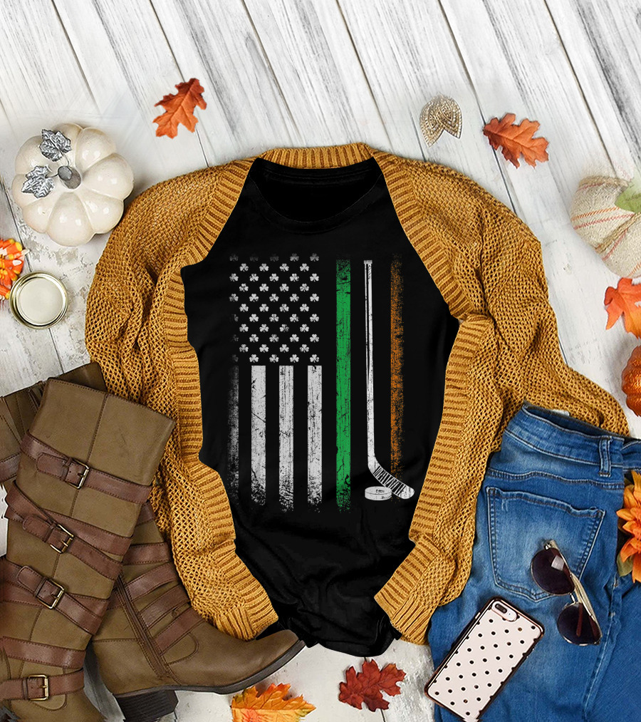 Ice Hockey St Patrick's Day American Flag with Shamrocks and Irish Colors T-Shirt