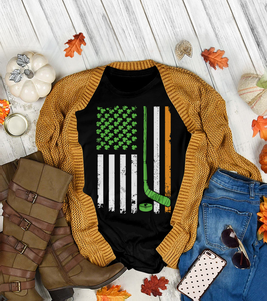 Irish American Flag with Hockey Stick and Shamrocks for St Patrick's Day T-Shirt