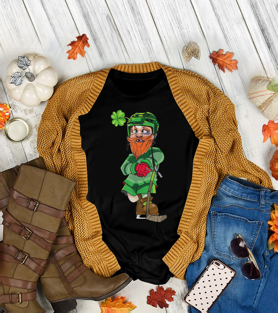 Leprechaun Ice Hockey Player with Clover Helmet and Stick T-Shirt