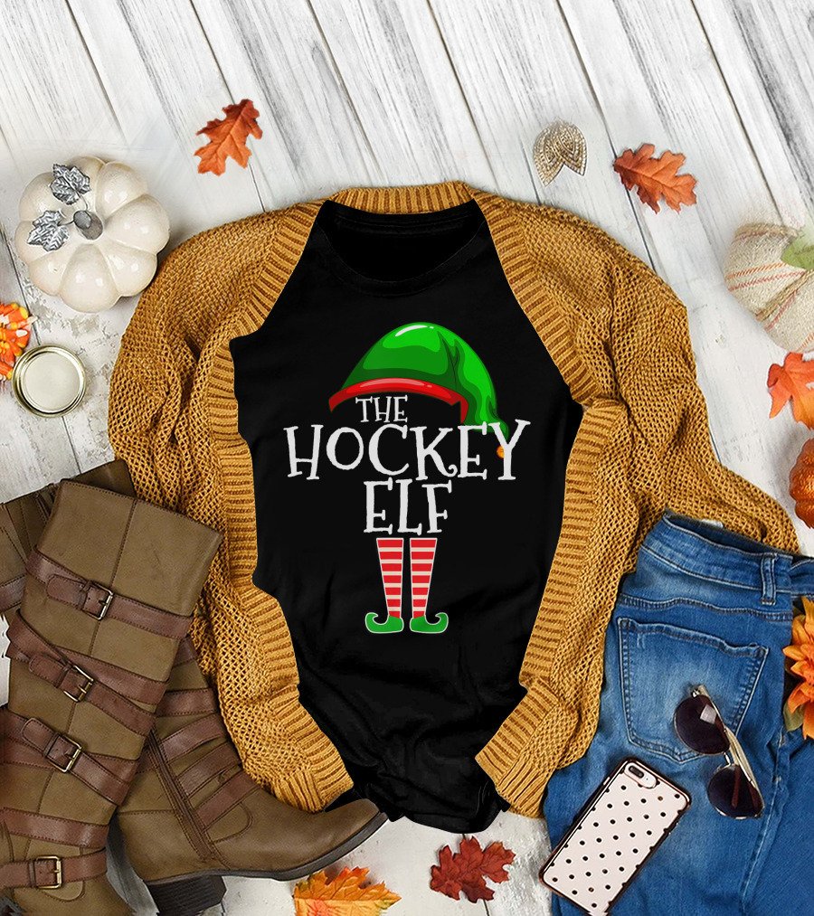 The Hockey Elf Christmas Hat and Striped Socks T-Shirt