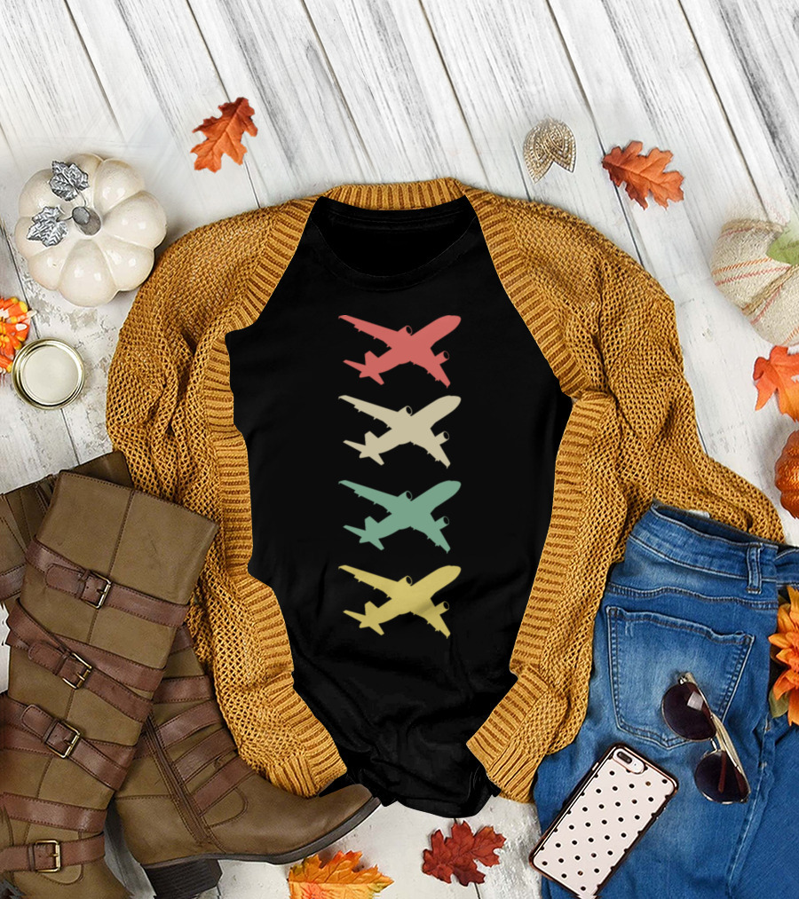 Retro Planes Vintage Pilot Airplane Silhouettes Multicolor T-Shirt