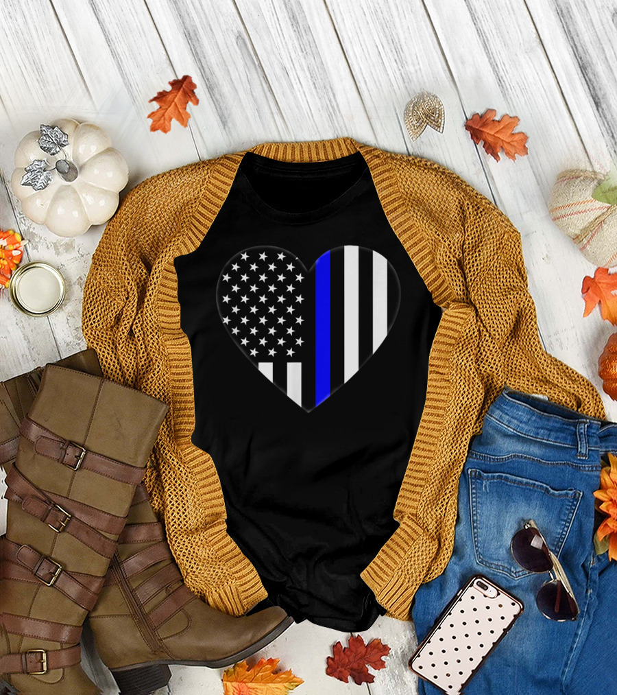 Heart Shaped Thin Blue Line American Flag Love Our Police Officer T-Shirt