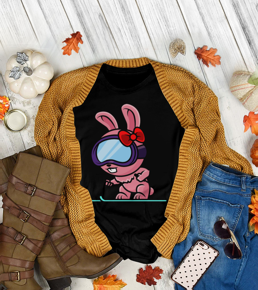 Ski Bunny with Goggles and Red Bow Skiing Adventure T-Shirt