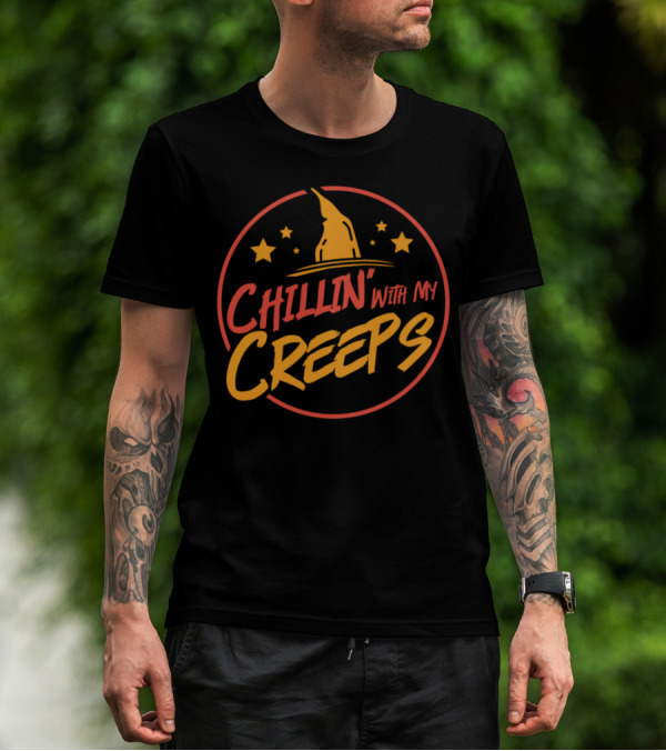 Chillin' With My Creeps Funny Halloween Stars And Witch Hat T-Shirt