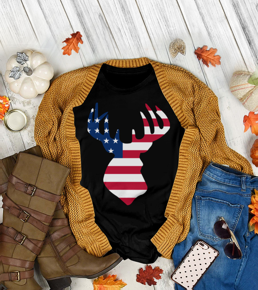 American Flag Deer Head Hunting T-Shirt