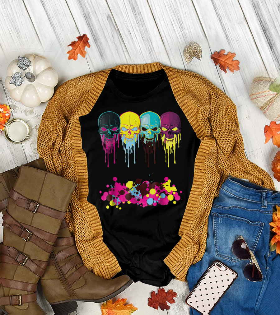 Paint Drip Neon Melting Skull Faces with Color Splash T-Shirt