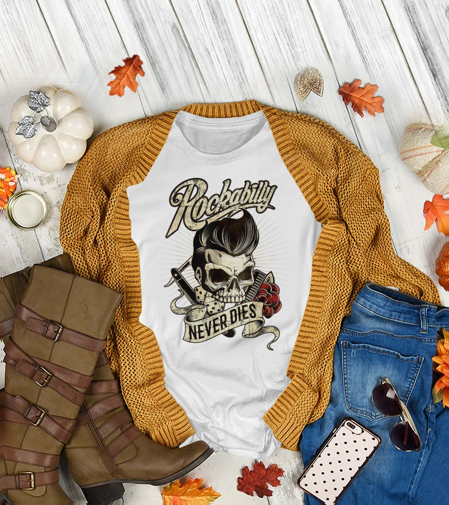Rockabilly Never Dies Skull Barber Hipster Comb Dice Rose T-Shirt