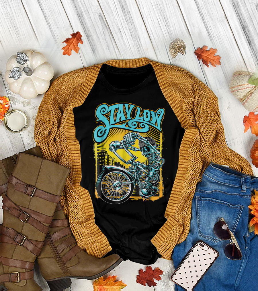 Stay Low Biker Skeleton Chopper Cycle Latino Cityscape T-Shirt