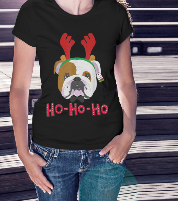 English Bulldog Ho Ho Ho Reindeer Antlers T-Shirt