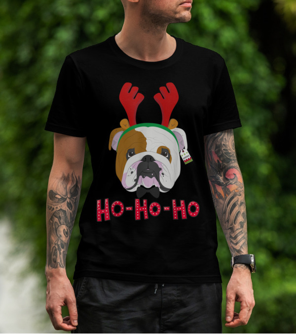 English Bulldog Ho Ho Ho Reindeer Antlers T-Shirt