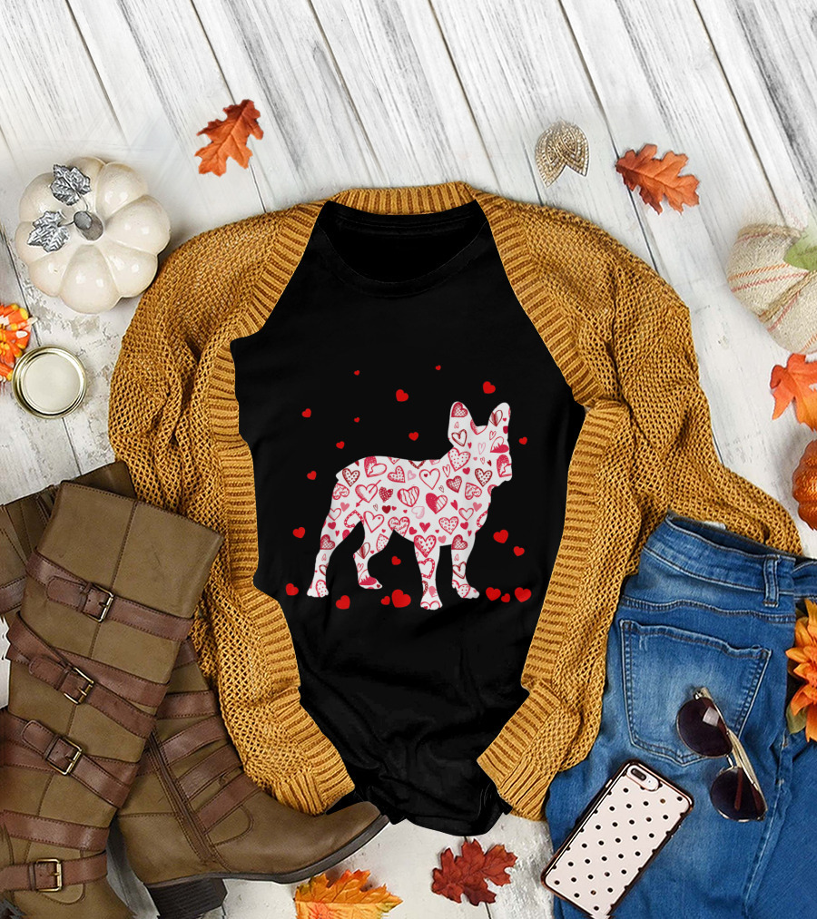 Funny English Bulldog Covered in Hearts Valentines Day Dog T-Shirt