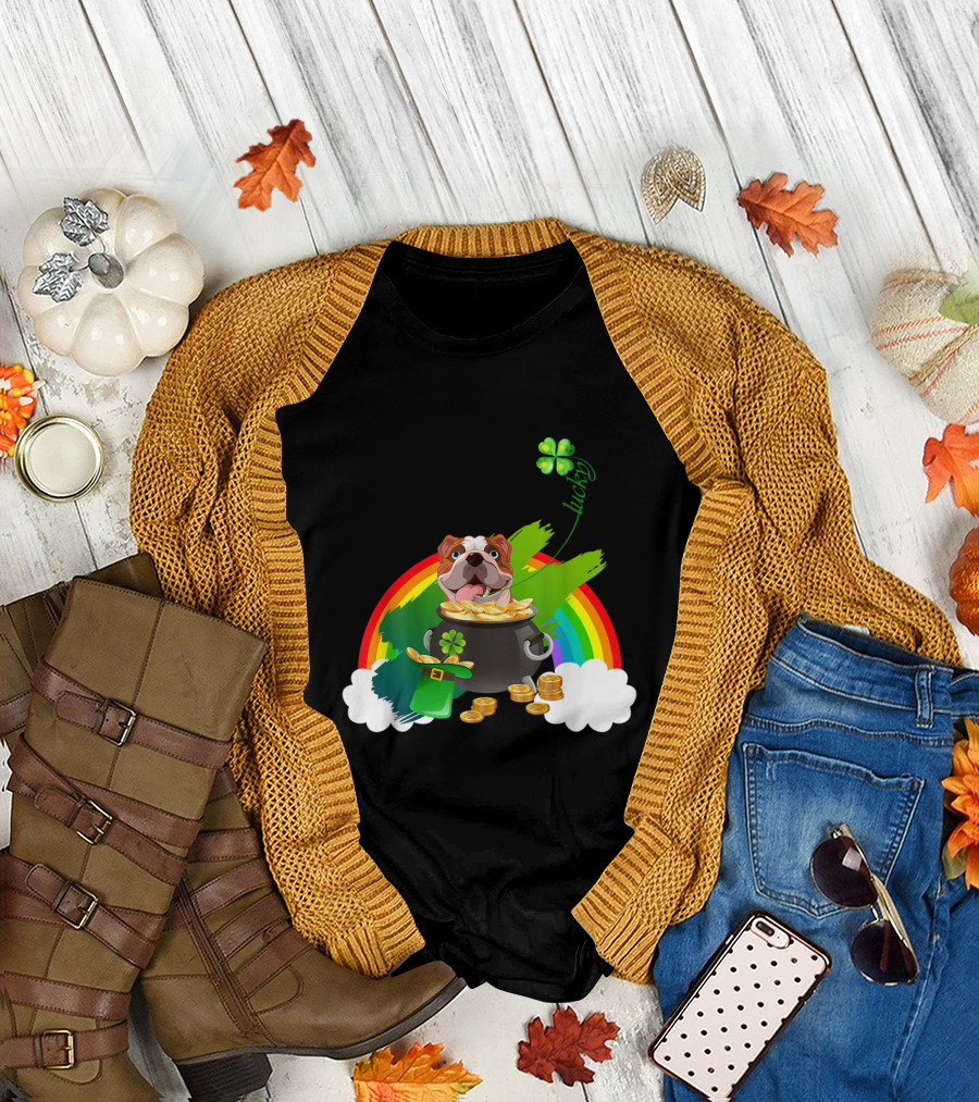 Lucky English Bulldog Rainbow Pot of Gold Shamrock T-Shirt