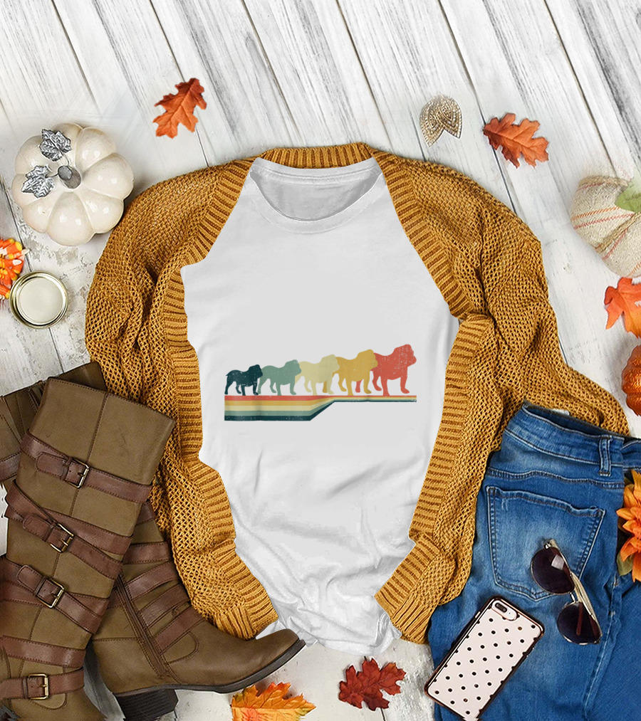 Old English Bulldog Vintage Retro Style Silhouette Multicolor Stripes T-Shirt