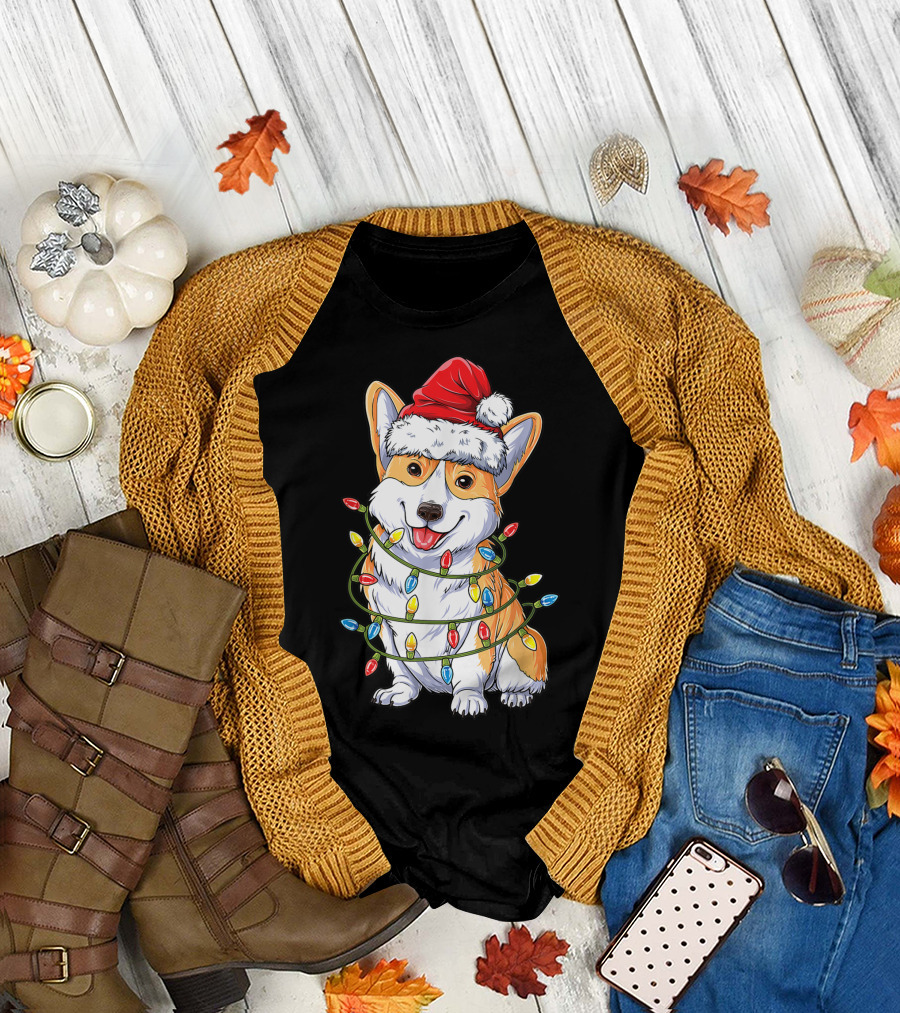 Corgi Wrapped in Christmas Lights with Santa Hat T-Shirt