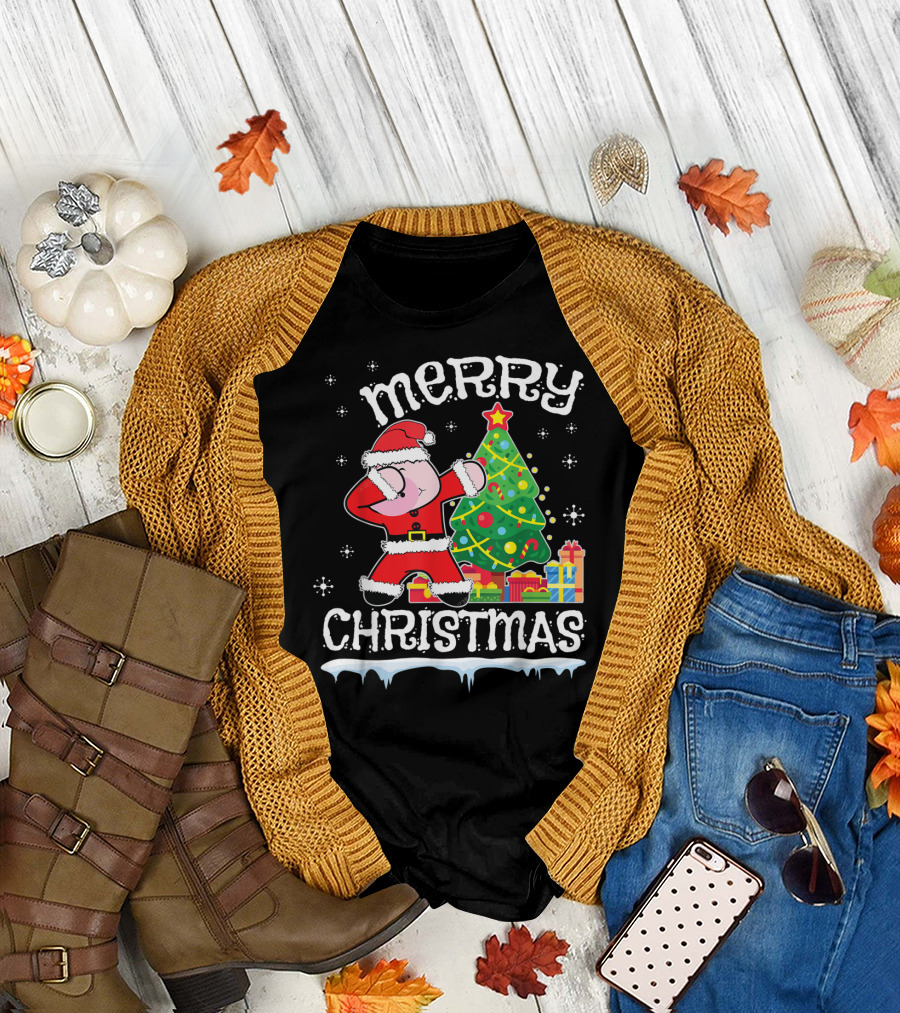 Merry Christmas Pig Dabbing Santa Noel Presents Tree Snow T-Shirt