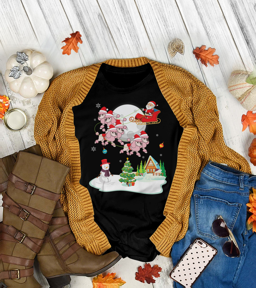 Santa Claus Flying with Poodle Dogs Sleigh Over Snowman and Christmas Tree Scene T-Shirt