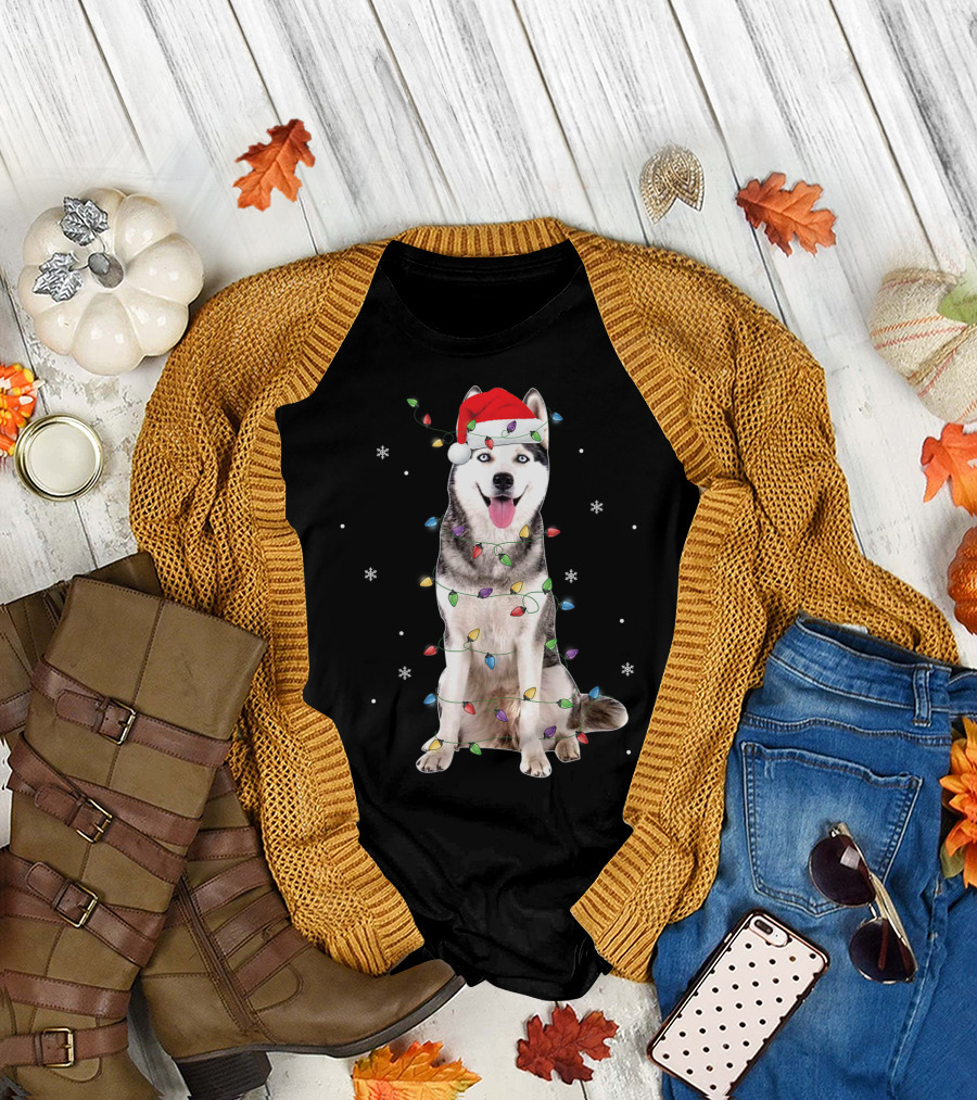 Siberian Husky Christmas Funny Santa Wrapped in Holiday Lights with Snowflakes T-Shirt
