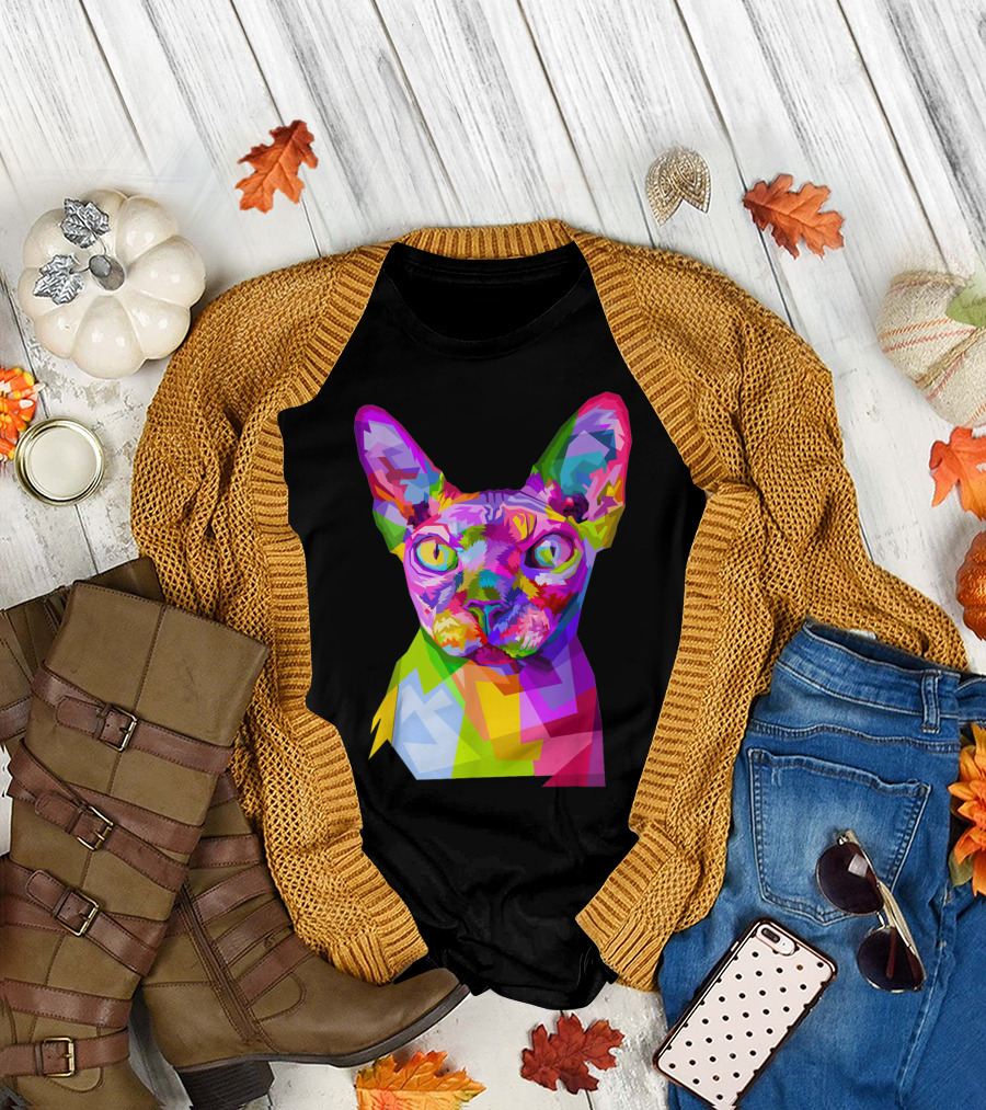 Colorful Sphynx Cat in Vibrant Pop T-Shirt