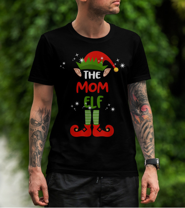 The Mom Elf Christmas Elf Hat Ears Shoes Stripes T-Shirt
