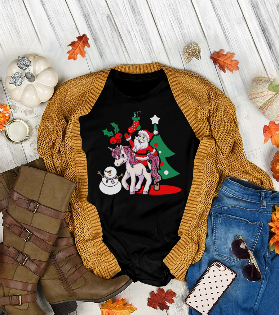 Santa on Unicorn with Christmas Tree and Snowman Scene T-Shirt