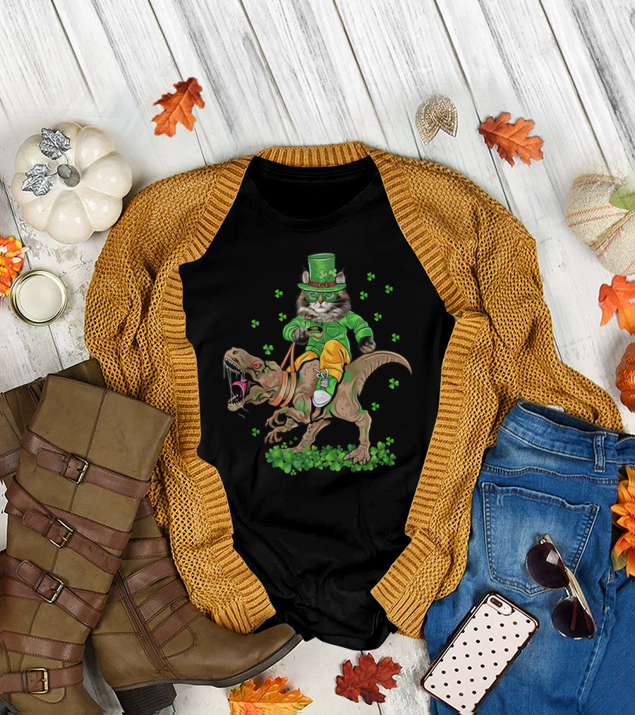St. Patrick's Day Maine Coon Cat in Green Suit Riding T-Rex T-Shirt
