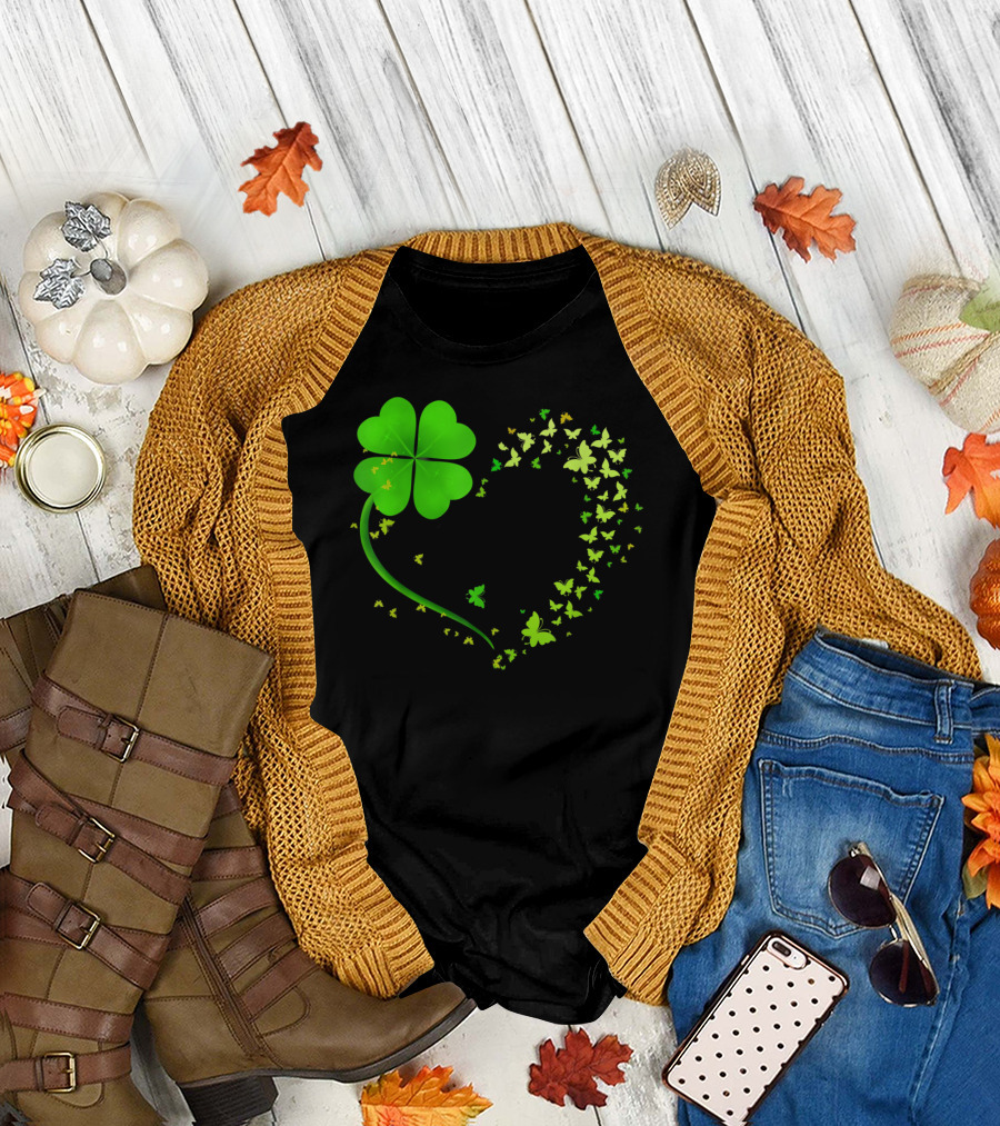 Heart Shaped Shamrock Butterfly Happy St Patrick's Day T-Shirt