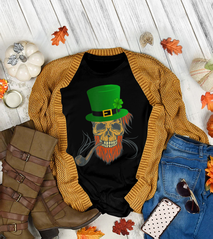Skull with Pipe and Leprechaun Hat for Saint Patrick's Day T-Shirt