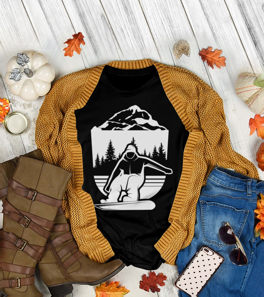 Snowboarder in Mountain Scenery with Forest and Snowboarding Action T-Shirt