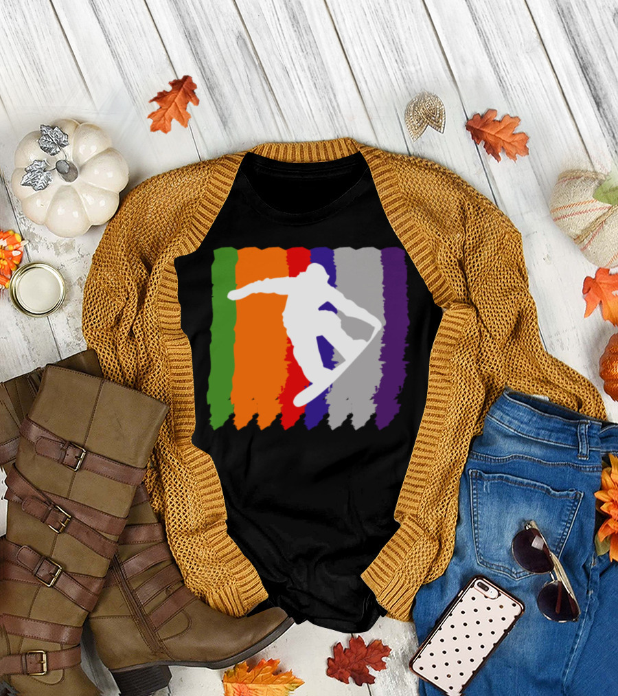 Snowboarding Skiing Mountain Sports Silhouette with Color Stripes T-Shirt