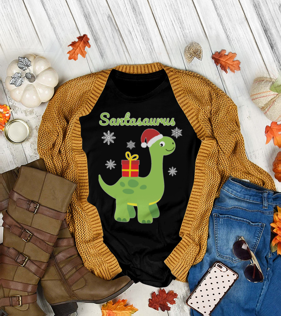 Santasaurus Funny Christmas Dino with Snowflakes and Gift T-Shirt
