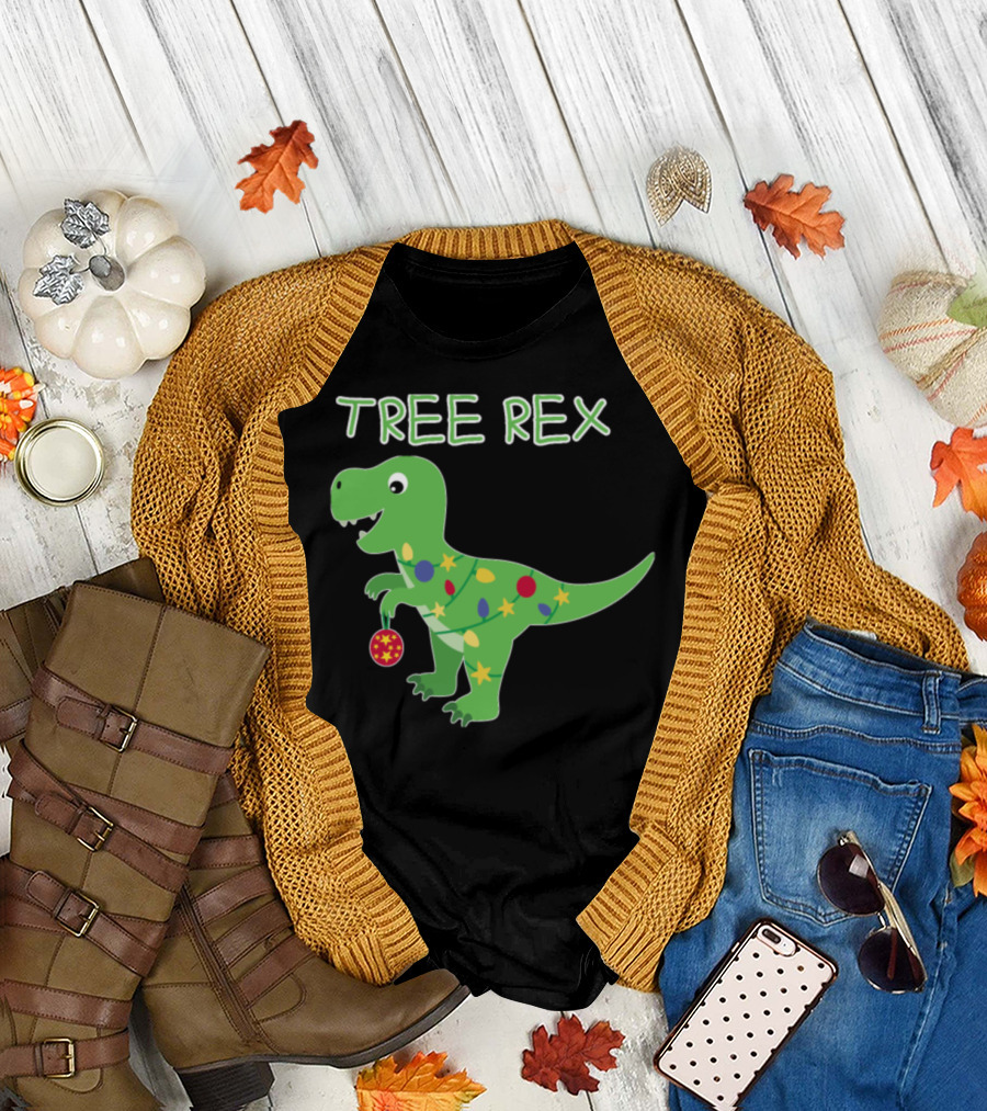 Tree Rex Funny Christmas Dinosaur with Lights T-Shirt