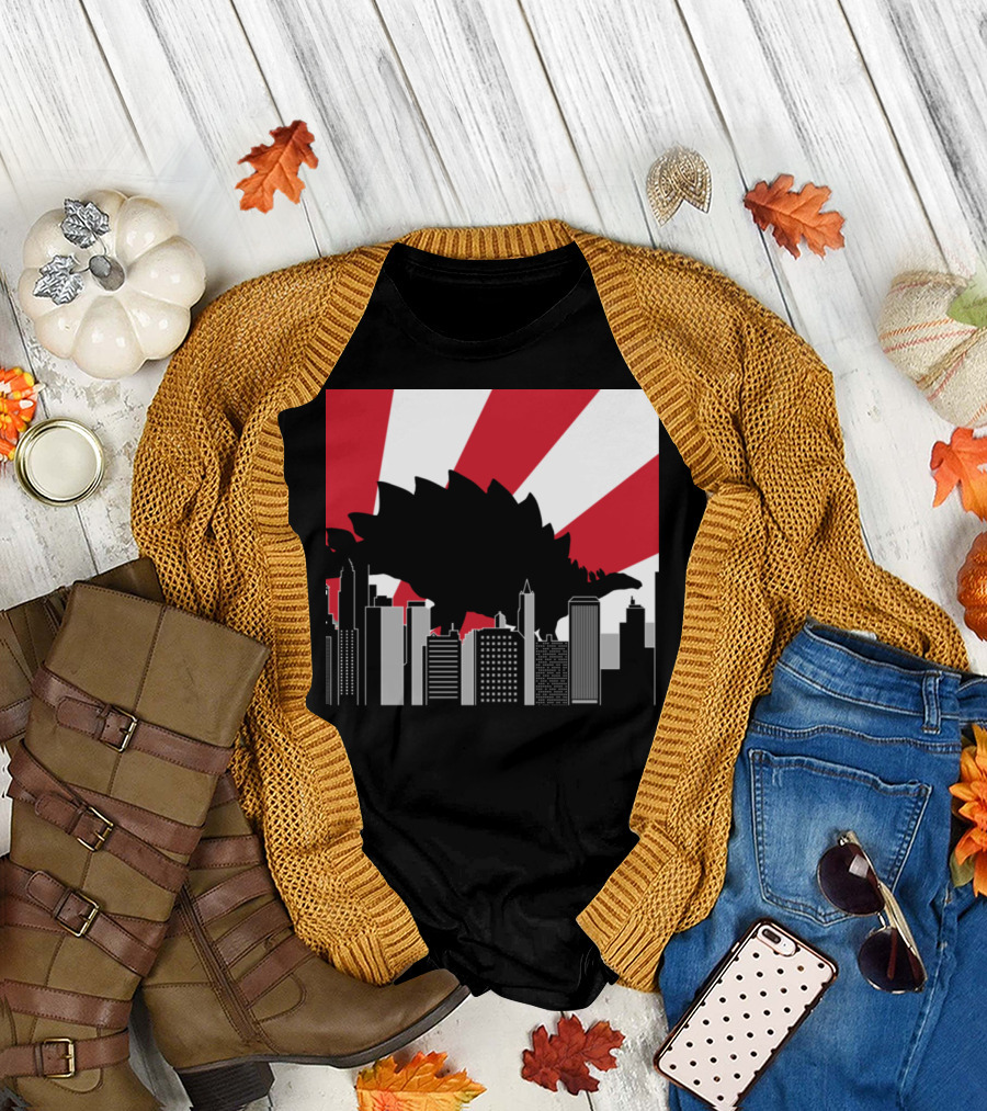 Stegosaurus Tokyo Japan City Dinosaur Skyline Red Sunburst T-Shirt