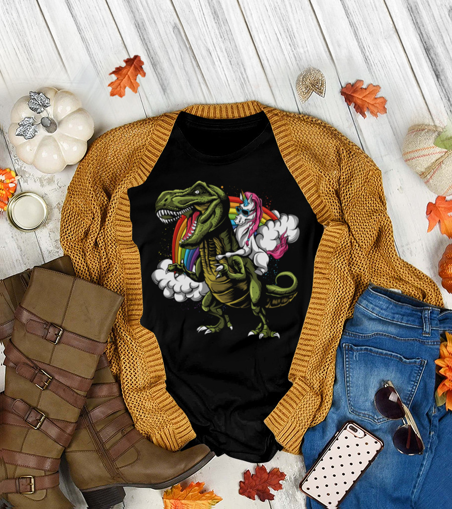 Unicorn Riding T-Rex with Rainbow and Clouds T-Shirt