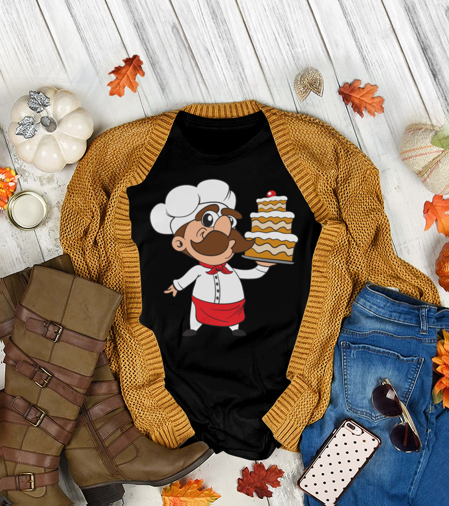 Cake Baker Holding Layered Bakery Cake with Chef Hat and Mustache T-Shirt