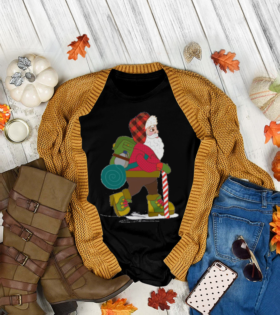 Hiking Santa with Candy Cane Walking Stick and Backpack on Adventure Trek T-Shirt
