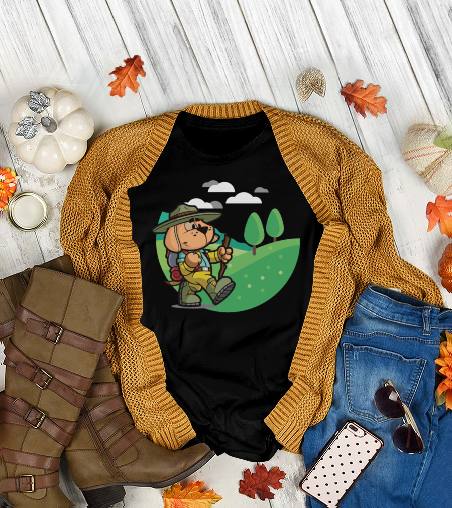 Adventurous Hiking Dog with Walking Stick and Backpack in Scenic Landscape T-Shirt