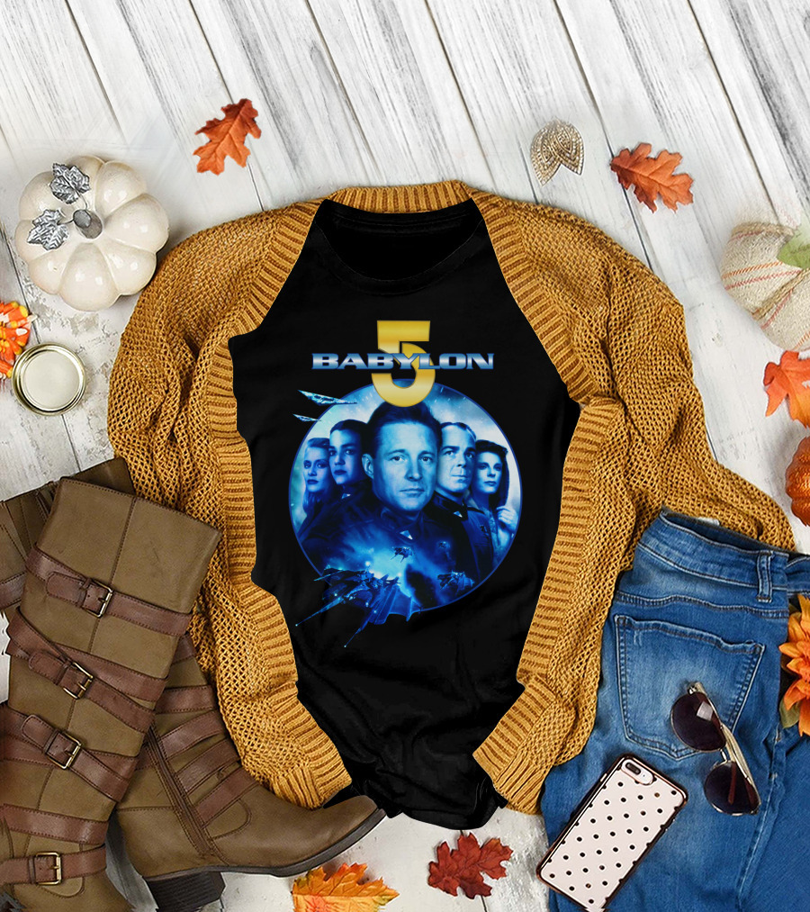 Babylon 5 Science Fiction Series Characters and Spaceship T-Shirt