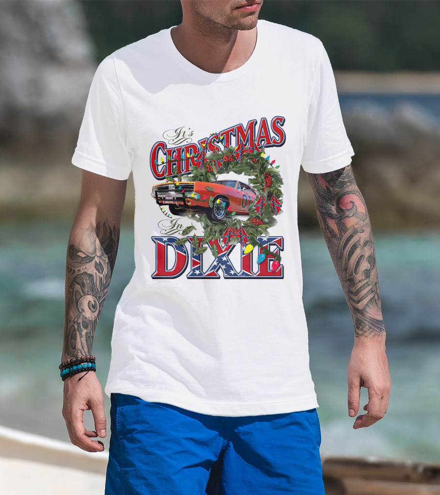 It's Christmas In Dixie 01 General Lee Car Wreath Lights T-Shirt