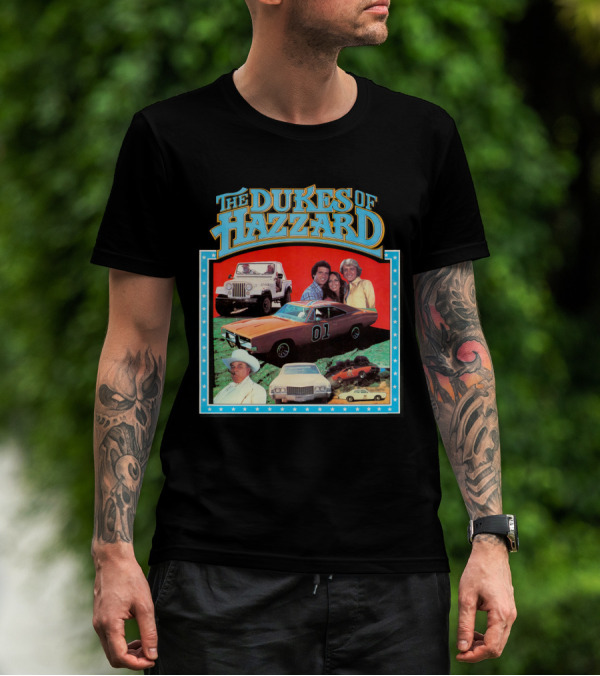 The Dukes Of Hazzard 01 Car And Characters With Jeep And Cowboy Hat T-Shirt
