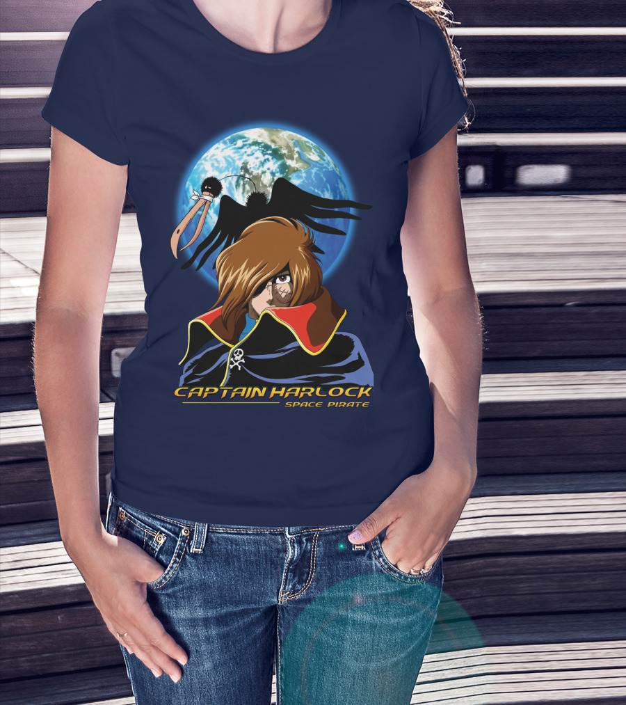 Captain Harlock Space Pirate Anime Icon With Earth And Black Bird T-Shirt
