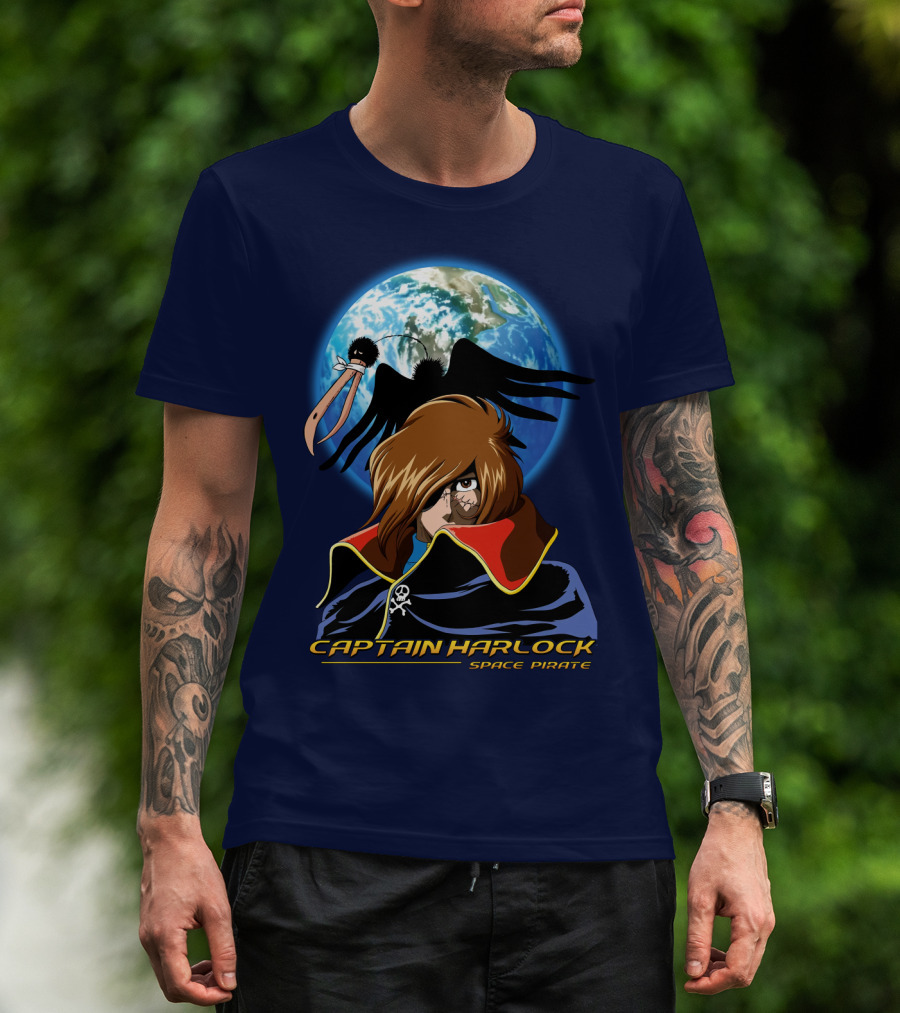 Captain Harlock Space Pirate Anime Icon With Earth And Black Bird T-Shirt