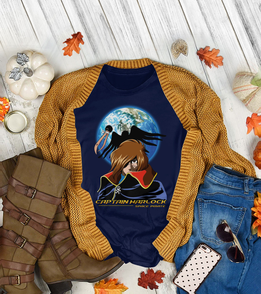 Captain Harlock Space Pirate Anime Icon With Earth and Black Bird T-Shirt