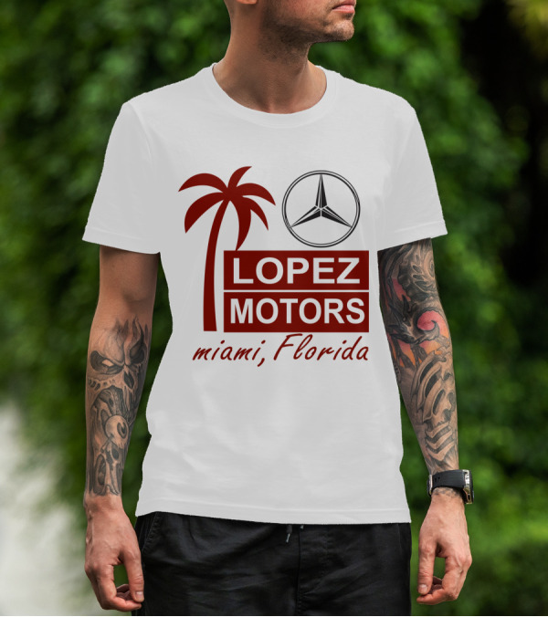 Lopez Motors Miami Florida Scarface Palm Tree Mercedes Benz Star T-Shirt