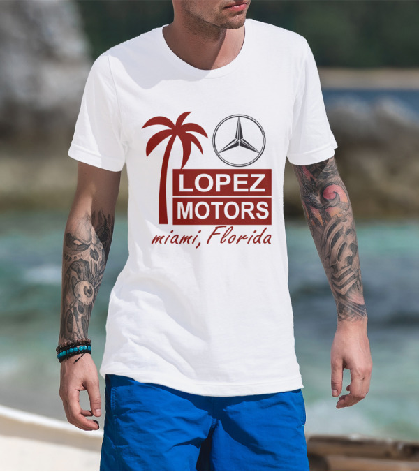Lopez Motors Miami Florida Scarface Palm Tree Mercedes Benz Star T-Shirt